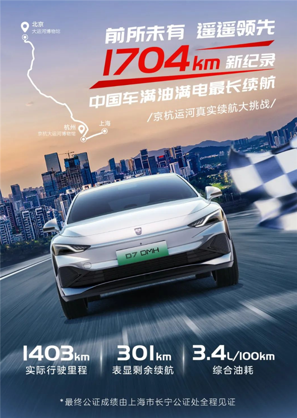 1704km！荣威D7 DMH刷新中国汽车满油满电续航纪录