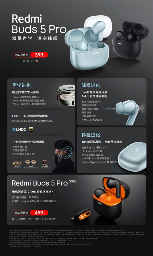 399元起 Redmi Buds 5 Pro发布：52dB超强降噪  第4张