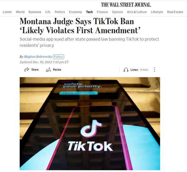 TikTok初步胜利！美国首个TikTok州禁令被叫停
