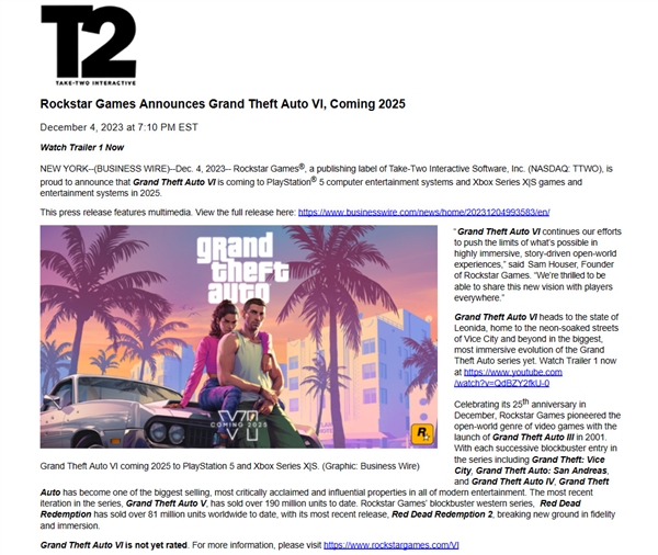 T2确认《GTA6》首发登陆PS5、XSX/S！PC预计2026年上线  第2张