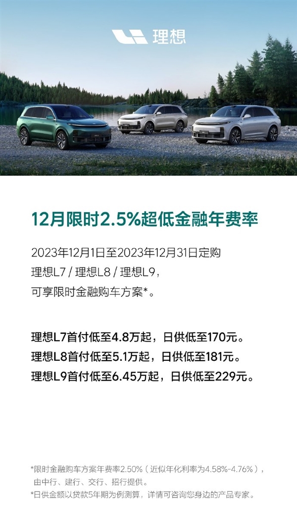 金融年费率低至2.5%：理想汽车推出12月限时购车权益  第1张