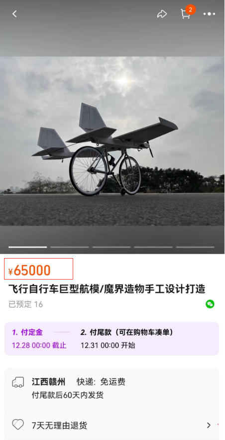 90后小伙纯手工打造了一台能飞的“自行车”：淘宝售价65000元