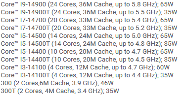Intel 14代酷睿35W节能版定了！频率提升最多500MHz  第2张