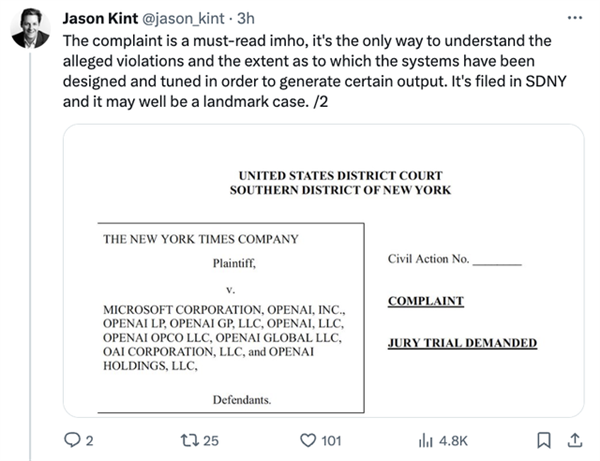 OpenAI微软遇到大麻烦了！网友：见证AI侵权里程碑式的案件  第4张