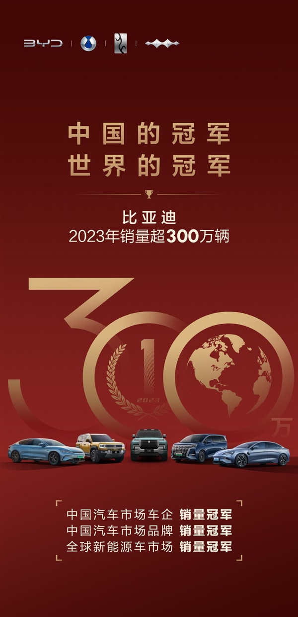 超大众成中国车企销冠！比亚迪2023年杀疯：年销302万辆跻身全球前十  第5张
