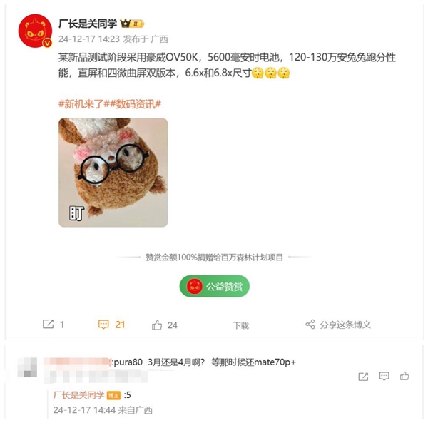 华为Pura 80系列曝光：5600毫安时电池+120万跑分，OV50K传感器带来人眼级HDR拍摄体验  第10张