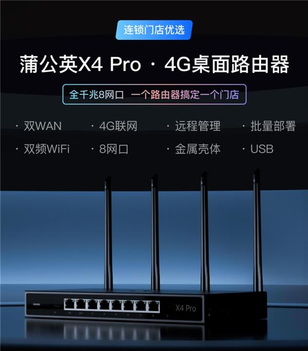 贝锐蒲公英X4 Pro：8个全千兆网口+4G网络，连锁门店网络搭建的终极解决方案