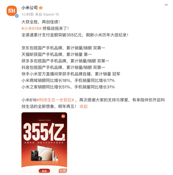 小米 2025 年 618 大促狂揽 355 亿！各价位段冠军拿到手软？  第2张
