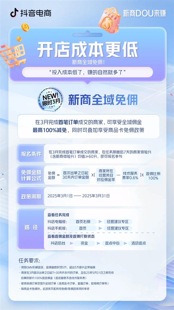 抖音电商新政策震撼上线！3月首单免佣金，开店成本直降85%！你还在等什么？  第6张